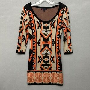 t/o Women XS Sweater Dress Orange Boho Aztec Bodycon Geometric Knit Tunic